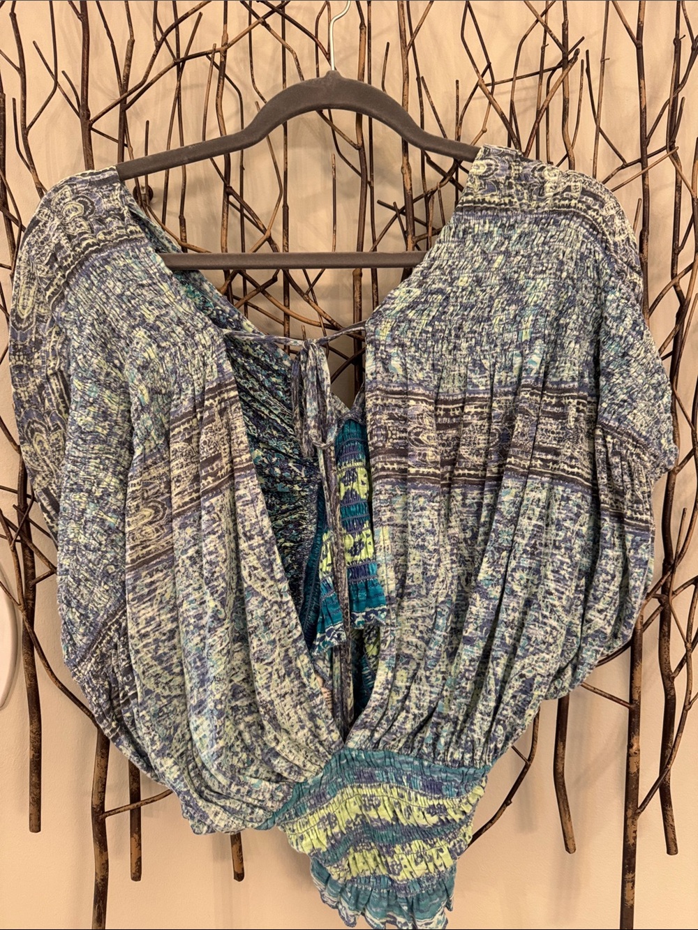 Free People Blue Green Patterned Boho Peasant Top